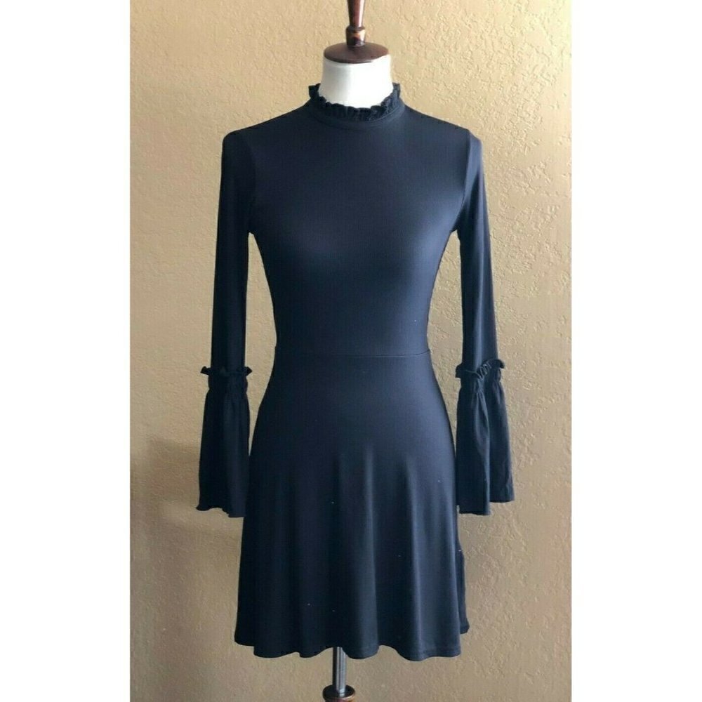 TOPSHOP Womens Black Fluted Ribbed Jersey Skater Dress Size 2 US NGB - Picture 8 of 12